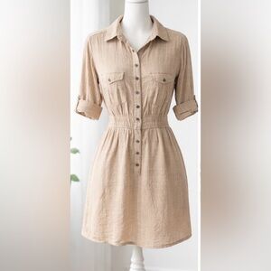 Beige Textured Shirt Dress – XS – Natural Cotton Look
